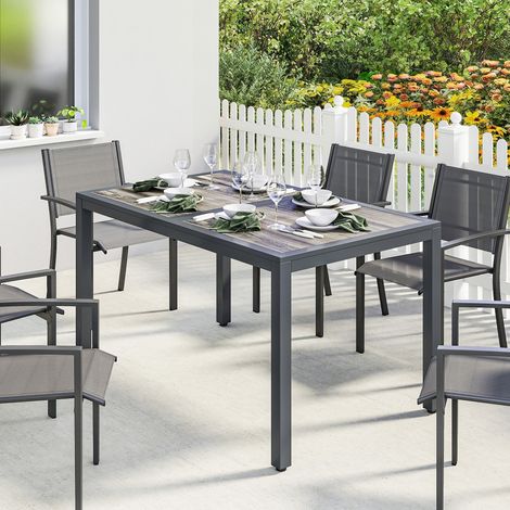 Table de jardin pour 4 à 6 personnes. table à manger extérieure avec plateau à effet bois. 140 x 80 x 72 cm. gris foncé