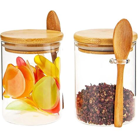 Lot de 2 bocaux en verre de 44 cl avec couvercle hermétique en bambou, cuillère et louche incluses, pour une conservation optimale des aliments dans la cuisine. (1/4)