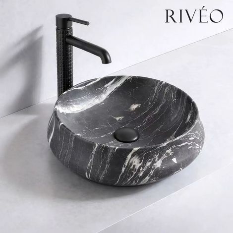 Vasque à poser ronde en céramique noir effet marbre diamètre 45,5 cm hauteur 15,5 cm avec bonde clic-clac noire incluse - RIVÉO (1/4)