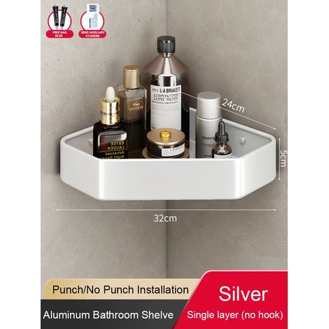 (1 Argent) Étagère de salle de bain sans perçage, étagère d'angle en aluminium, panier triangulaire mural, organisateur de rangement pour salle de douche FR2006 (1/5)