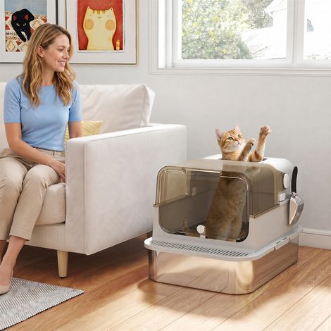 Maison Toilette Chat XXL Inox, Couvercle 90°, Double Porte, Filtre, Pelle, 70x50x46,5 cm, Gris (1/5)