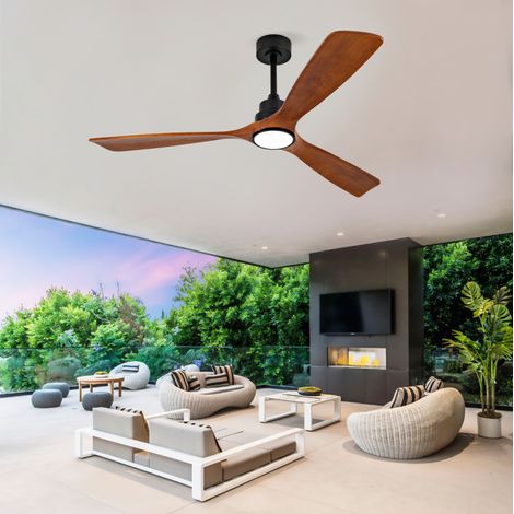 Ventilador de techo de 60 pulgadas, con luz LED regulable, mando a distancia, madera y metal, nogal y negro (1/5)