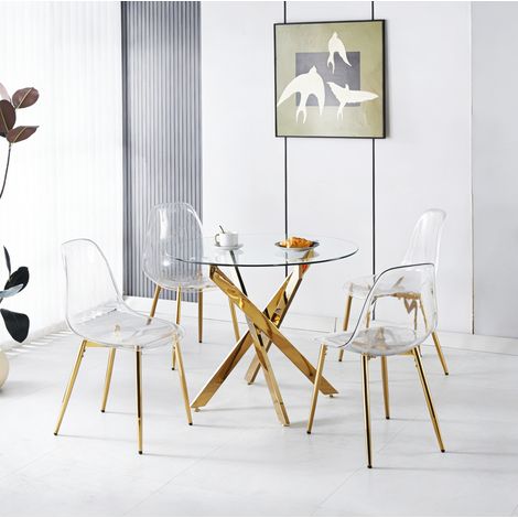 Juego de comedor de 5 piezas, tapizado en terciopelo, patas chapadas en oro, metal y terciopelo, color dorado (1/5)