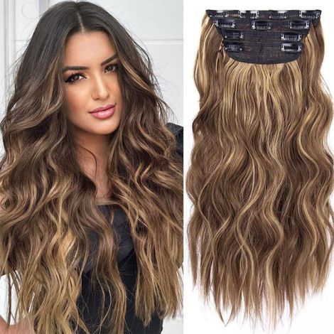 Extensiones de cabello - Cabello largo rizado para mujer - Estilo ondas de agua - Extensiones de cabello rizado - Extensiones de cabello natural y voluminoso con clips - 60 cm (1/3)