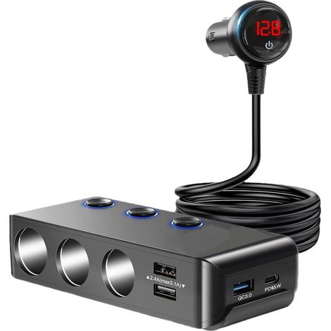 Car charger with 120W high power output, 1 to 3 cigarette lighter sockets, 4 USB ports, digital display, and independent switch TR30P -- All black. (1/3)