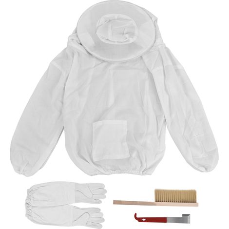 Kit de 4 outils apicoles : combinaison, gants de protection, grattoir à miel et brosse à abeilles. Fournitures pour apiculteurs.