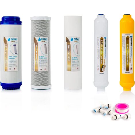 NATURE WATER PROFESSIONALS Confezione da 5 filtri Gold Line per osmosi inversa domestica - Filtri per apparecchiature ad osmosi inversa a 6 stadi - Include connettori, T'' e Teflon
