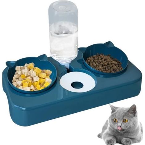 1 Stück Automatische Katzenwasser- und Futterschüssel, Automatischer Trinkbrunnen für Katzen (Blau)