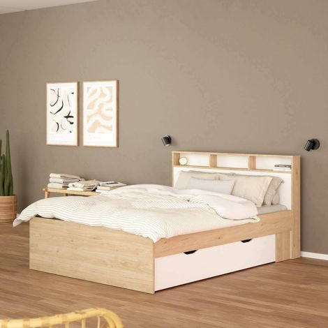 Dmora - Cama plaza y media Blanchette, Sommier para dormitorio, Estructura de cama, Estructura del sostenedor del colchón, 206x150 h97 cm, Roble y Blanco (1/5)