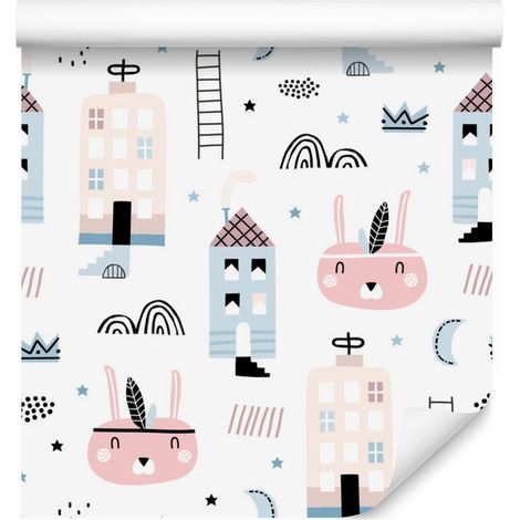 Carta da parati con case e cuori colorati per soggiorno e camera da letto 50x1000 cm (1/5)