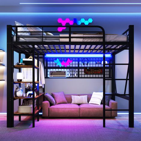 Lit Mezzanine 140x200cm - Multifonction avec Rangements - LED Intégrées - Filet Suspendu et Barre pour Vêtements - Structure Métallique - Noir (1/5)