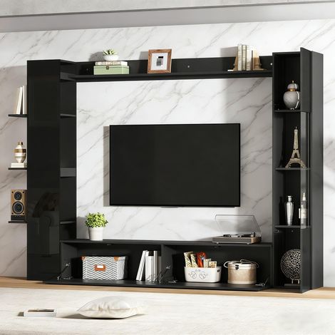 Meuble TV et rangement pour salon, ensemble 4 pièces, vitrine avec porte réversible, armoire de stockage compacte, meuble multimédia noir, grande capacité de rangement (1/5)