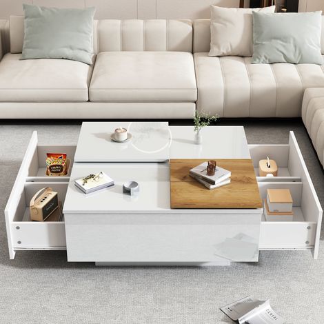 Table basse carrée en bois laqué blanc brillant moderne avec étagère de rangement, 75x75x33,5 cm, plateau coulissant compact, charge maximale 30 kg (1/5)