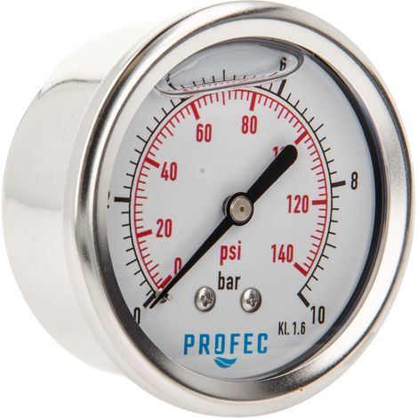 Profec Manometer 0 - 10 bar, Glyzeringefüllt, Ø 63 mm, 1/4 Zoll Anschluss nach hinten Axial, Überdruck-Manometer
