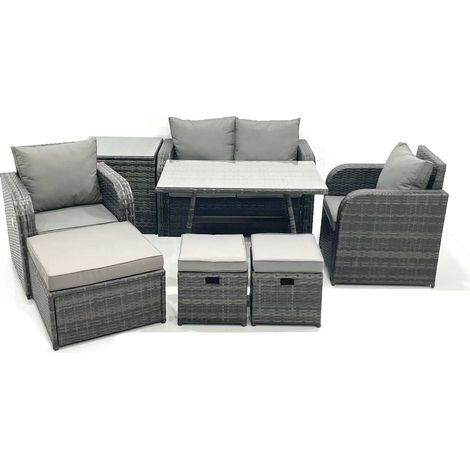 Fimous Gartenmöbel-Set Rattan Sofa Esstisch Set mit Liegestühle 3 Hockern Beistelltisch Dunkelgrau Gemischt (1/5)