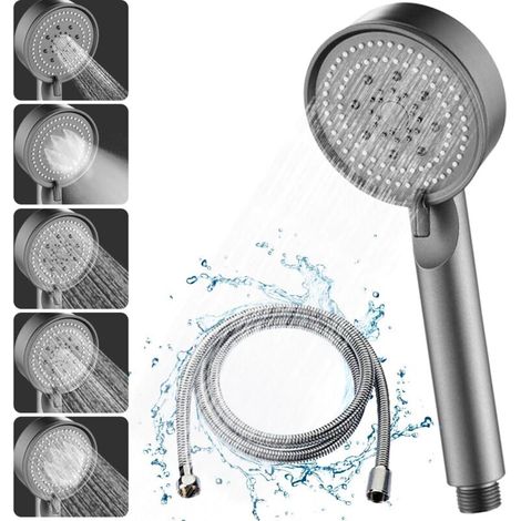 High Pressure Shower Head, Water Saving Shower Head 5 Modes Adjustable, Economical Shower Head, Bathroom Shower Head, Shower Head with 1.5M Hose (Grey Set)