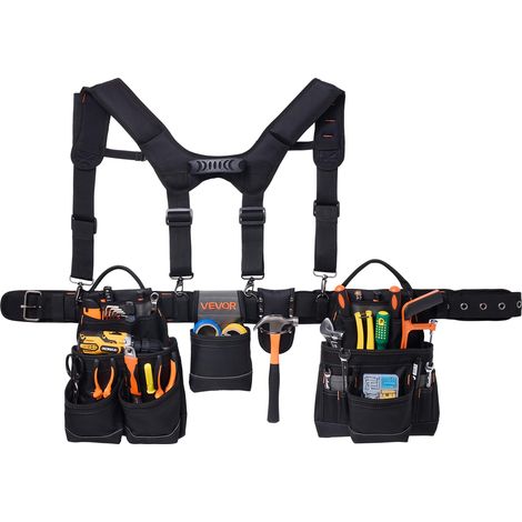 VEVOR Cintura Porta Attrezzi da Lavoro con 19 Tasche e Bretelle, Cintura Portautensili Regolabile da 80-131 cm, Supporto di Sospensione Staccabile per Elettricisti, Carpentieri, Edilizia (1/5)