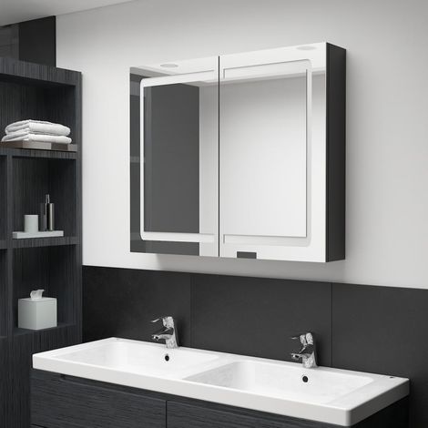 FIMEI Armoire de salle de bain à miroir LED Noir brillant 80x12x68 cm (1/5)