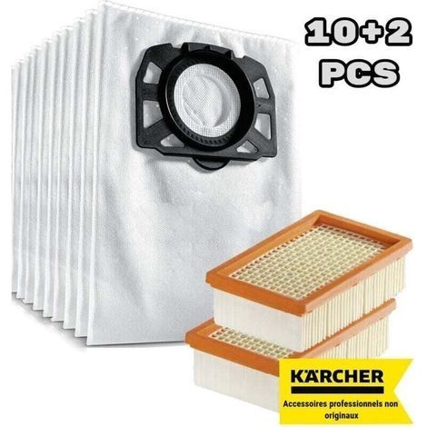 Sac Filtre à Peluches + Filtre Plat Plissé pour Kärcher WD 4/5/6 (Pack 10+2) Ortviai (1/4)