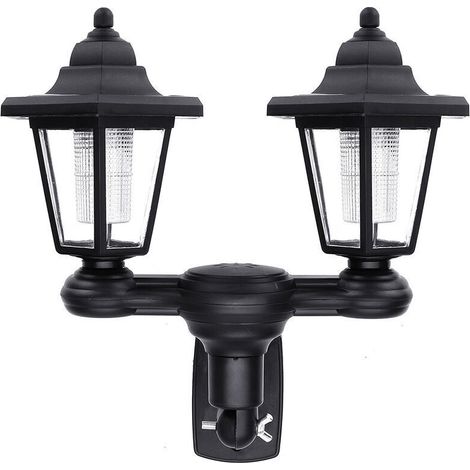 Appliques murales à énergie solaire LED double tête étanche rétro vintage crépuscule à l'aube controle de la lumière paysage jardin extérieur cloture décoration maison (blanc chaud double têtes)