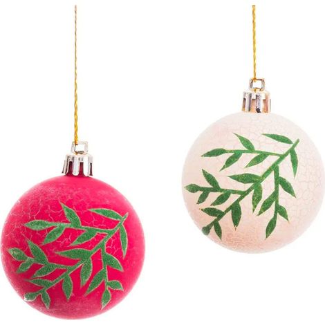 Set de 2 boules de Noël rouge et beige feuillage 6cm (1/3)