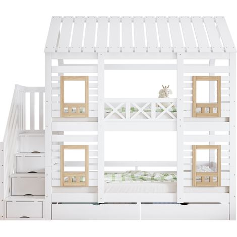CHICFURN Litera infantil 90x200 cm de madera blanca y natural, con techo y cajones (1/5)