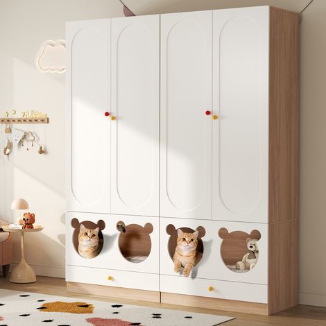 Lot de 2 armoires enfants 160×50×200 cm - Avec tringles à vêtements - Avec lits pour chats - 4 portes - Blanc+naturel