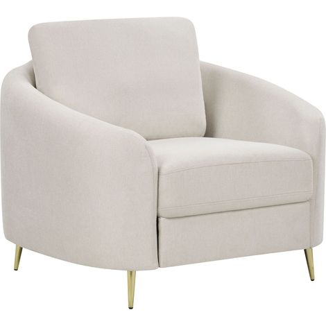 Poltrona in tessuto bouclè beige chiaro con gambe curve dorate e seduta morbida Trosa