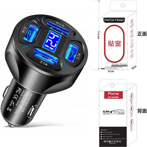 3.1A 4-in-1 Car Charger with Digital Display, 4 Ports, Voltage Support, One-to-Four Multi-Port Car Charger -- 3.1A-4USB Digital Display Standard Charger, Black + White Box (1/3)