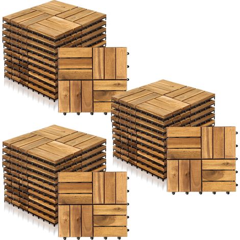 Wolketon 33 Stück Holzfliesen 12-Latten 3 qm, 30x30cm Terrassenfliesen Klickfliesen Balkonfliesen mit Drainagensystem, Wetterfest aus Akazienholz