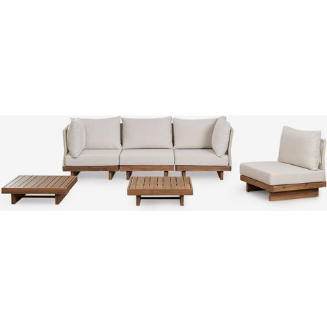 Conjunto de salón con sofá modular rinconera de 4 piezas, mesa de centro y mesa auxiliar en madera de acacia Dailin SKLUM (1/5)