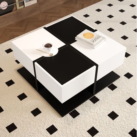 Mesa de centro de tablero de partículas negro y blanco 70 cm cuadrada con 2 cajones (1/5)