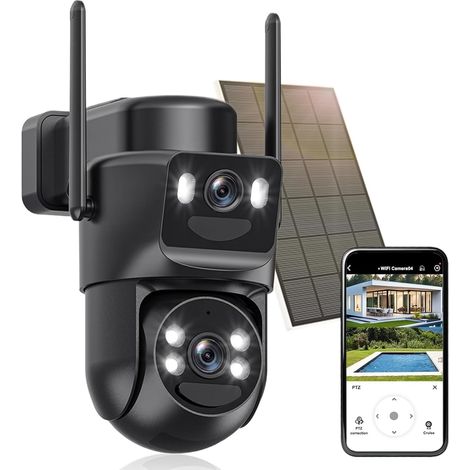 4K Camera Surveillance WiFi Exterieure sans Fil,AOV 24/7,Batterie 10000 mAh/Camera Solaire/Double Objectif,caméras de Surveillance Audio Bidirectionnel,360°PTZ Sécurité à Domicile,Suivi Automatique (1/5)