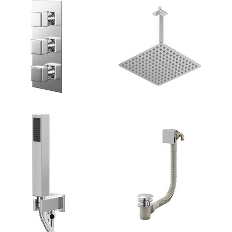 Cubix Polished Chrome Concealed Triple Thermostatic Shower Valve with Diverter and 300mm Square Head with 300mm Ceiling Arm and Outlet Holder with Kit and Free-Flow Bath Filler - 3 Outlet (1/5)