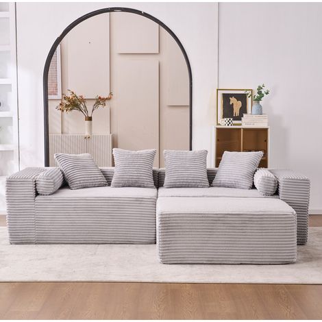 Divano modulare L con chaise longue in ciniglia grigio, 3 moduli, senza montaggio (1/5)