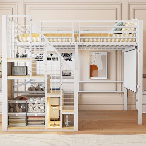 Cama alta dormitorio con almacenaje metálica blanca OKMYHOME (1/5)
