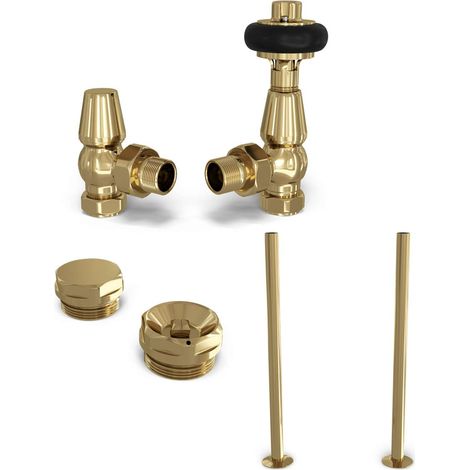 Signature Wooden Head - Polished Brass Thermostatic Radiator Valve & Installation Kit Angled 15mm (1/4)