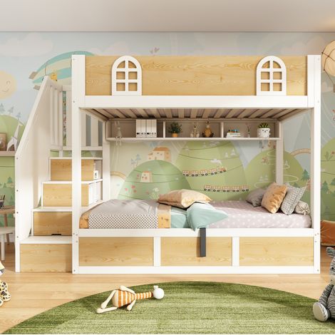 Kinder-Etagenbett 90x200 cm mit Stauraumtreppe, Weiß und Natur, mit Schutzgittern (1/5)