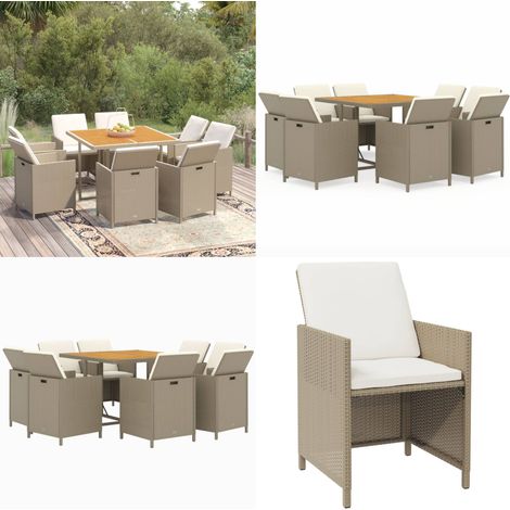 Set da Pranzo da Giardino 9 pz con Cuscini in Polyrattan Beige - Sedie da giardino - Tavolo da giardino
