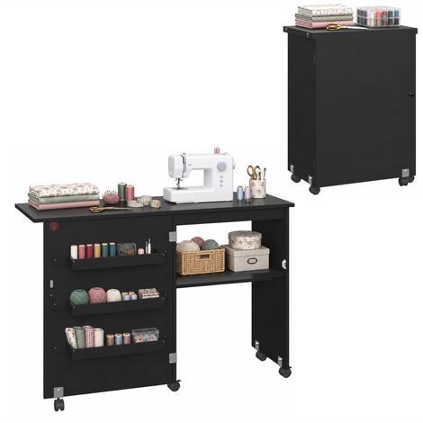 Table de couture pliante - HOMCOM - à abattant - bacs de rangement, étagère ouverte et roulettes - dim. 117 x 40 x 77,5 cm - noir (1/5)