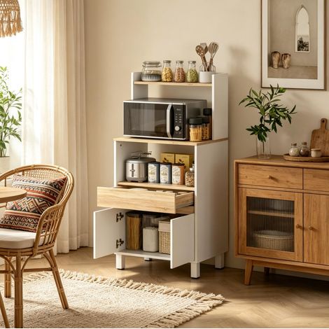 Mikrowellenschrank weiß 60 x 40 x 131 cm mit Regalen und Schrank HAVRYA (1/5)