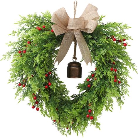 Guirlande De Noël En Forme De Cœur - Feuilles De Pin Artificielles - Avec Nœud Ruban Clochette Et Baies - 45 Cm - Pour Porte D'Entrée Mur Escalier (1/5)