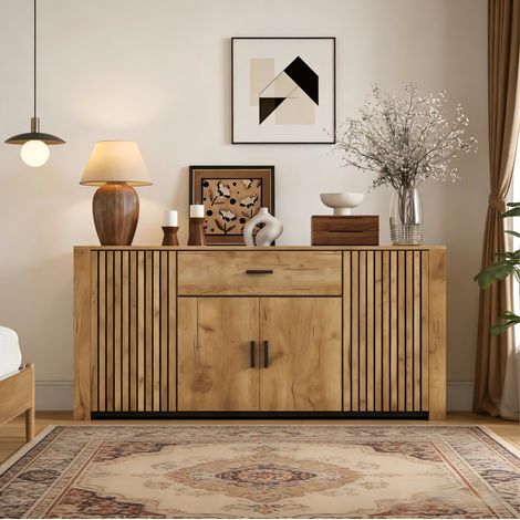 Buffet 160x40x75 cm en bois couleur chêne, avec rangement pour salle à manger FloraGrace (1/5)