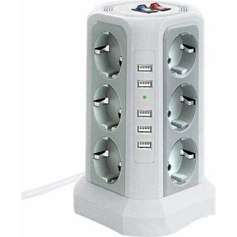 Surge and power strip tower, power strip with 5 USB ports and 12 outlets, power strip with 3 switches, white (1/4)