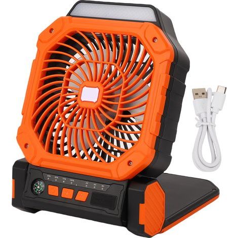 Portable Solar Camping Fan with 4 Speeds, 3 Modes, LED Light, 7800 mAh Battery with Timer and Compass, Orange (1/5)