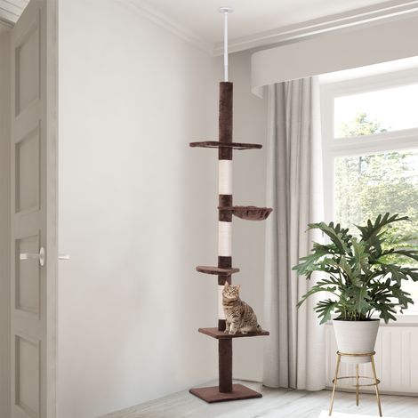 Tiragraffi per gatti a tutta altezza (230-260 cm) con piattaforme regolabili, amaca e pali in sisal marrone.