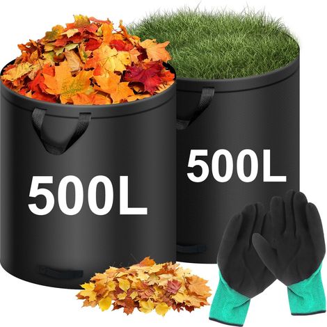 2 x 500L Garden Waste Bags, Reusable Garden Bags with Handles, Freestanding, Waterproof, Garden Bags, Foldable Leaf Bags with Gloves, for Garden Waste and Green Waste (1/5)