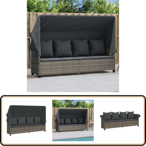 Sonnenliege mit Dach und Kissen Grau Poly Rattan vidaXL