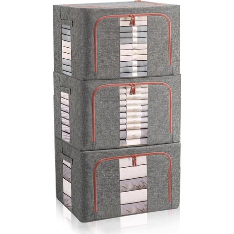 Lot de 3 Boite de Rangement Vetement avec Cadre Métallique, Pliable Sacs de Rangement pour Vêtements Édredons Couvertures Oreillers Jouets Vestes, Gris (22L)