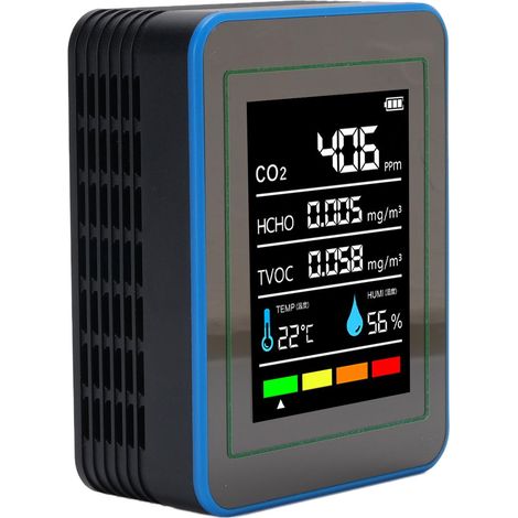 Eosnow Luftqualitätsdetektor 5 in 1 CO2 TVOC HCHO Temperatur Luftfeuchtigkeitserkennung Tragbares wiederaufladbares Messgerät Schwarz und Blau
